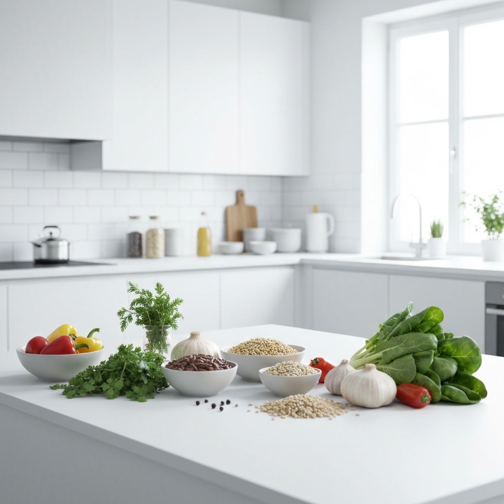 Minimalistische Küche mit frischen Zutaten